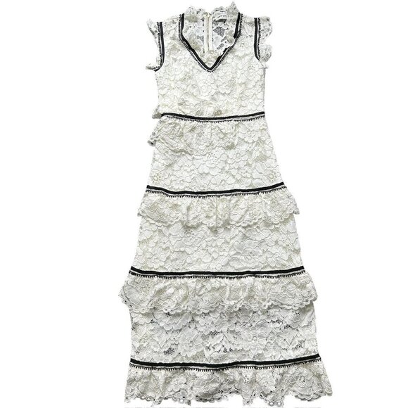SELF-PORTRAIT Black and White Tiered Ruffled Lace Midi Dress US 4 - Picture 2 of 10